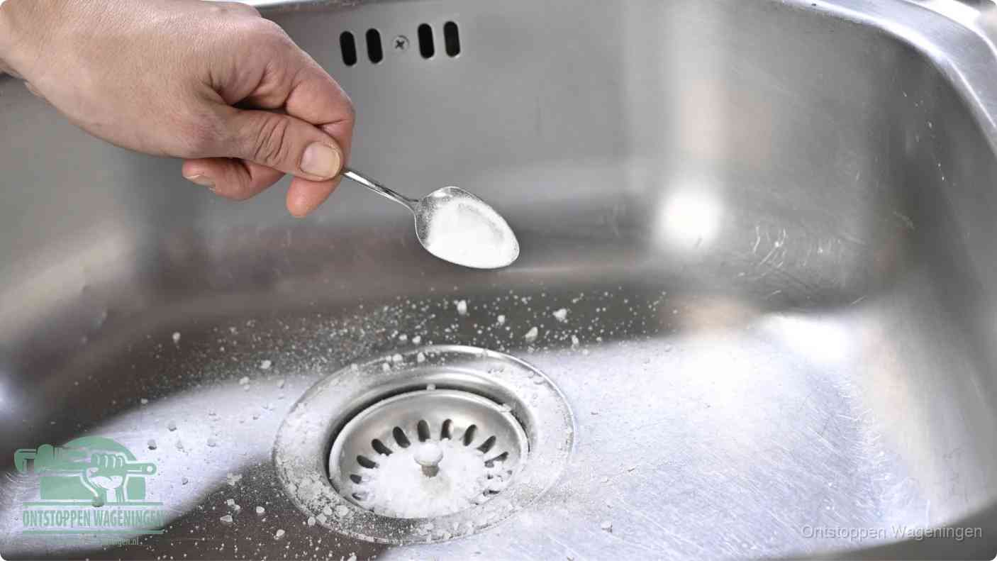 Een hand strooit met een lepel soda in de afvoer van een roestvrijstalen spoelbak, de soda en azijn huismiddel-methode om de afvoer te ontstoppen in Wageningen