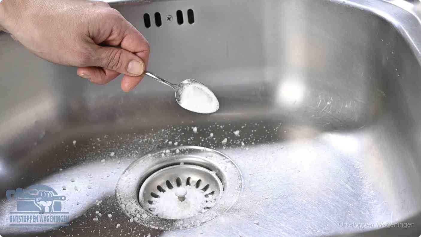 Een hand strooit met een lepel soda in een afvoerputje, de soda en azijn huismiddel-methode om de wc te ontstoppen in Wageningen